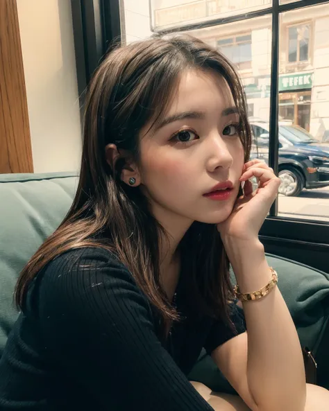 close up of 1 female, 35mm masterpiece, <lora:epiNoiseoffset_v2:1> <lora:add_detail:1>,
on sofa, in Starbucks, calm street behind window, (small black handbag)
