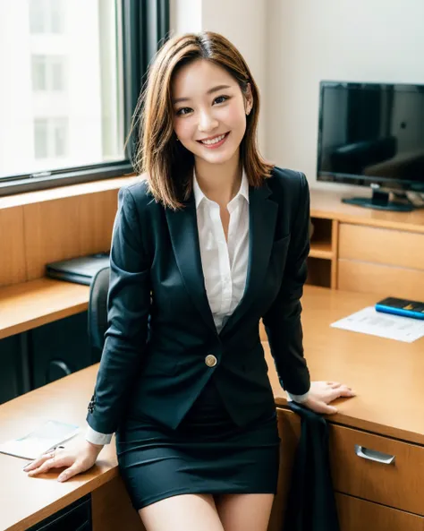close up of 1 female, 35mm masterpiece, <lora:epiNoiseoffset_v2:1> <lora:add_detail:1>,
black suit, smile, mini skirt, on the desk in office