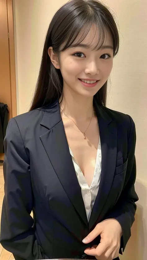 (Best quality, 8k, 32k, Masterpiece, UHD:1.2),Photo of Pretty Japanese woman,(detailed face:1.1), simple black suit, <lora:rikusu:1>,looking at viewer,upper body,necklace,dress shirt,smile,skirt