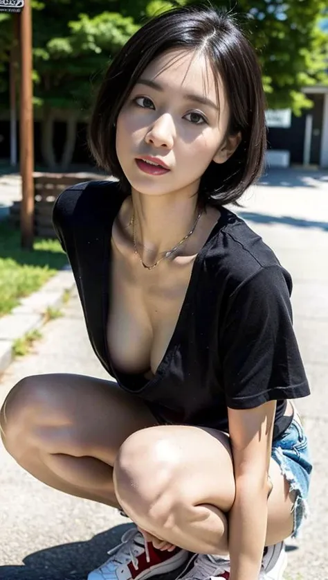 (Best quality, 8k, 32k, Masterpiece, UHD:1.2),Photo of Pretty Japanese woman,1gril,black short hair,l(eaning forward:1.2),squatting,(from above:1.3),pov, <lora:downblouse-v1:1>,(loose t-shirt:1.1),(denim shorts:0.8),lace bra,necklace,small breasts,outdoors, sneakers,