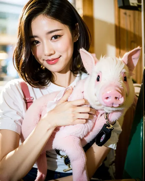 a woman holding a pink pig with shirt sitting in a cafe, 1girl, sitting, shirt, smile, solo, animal, indoor, upper body