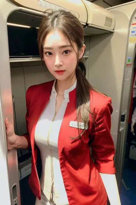 <lora:AsianRedFA:0.7>, Best quality, masterpiece, ultra high res, (photorealistic:1.4), 1girl as red_flight_attendant, ((erotic)), ((sexy)), ((nsfw:1.3)), ((medium natural breast)), unbuttoned red flight attendance uniform, ((Unbutton the uniform)) realistic,(looking at viewer:1.3),undressing, show bra, show underwear, cabin crew, solo, detailed face, black hair in bun, (looking at camera:1.6), in (random outfit) (narrow waist:1.2), shirtlift, perfect skin, in the airplane cabin, beautiful lighting,(random posing),