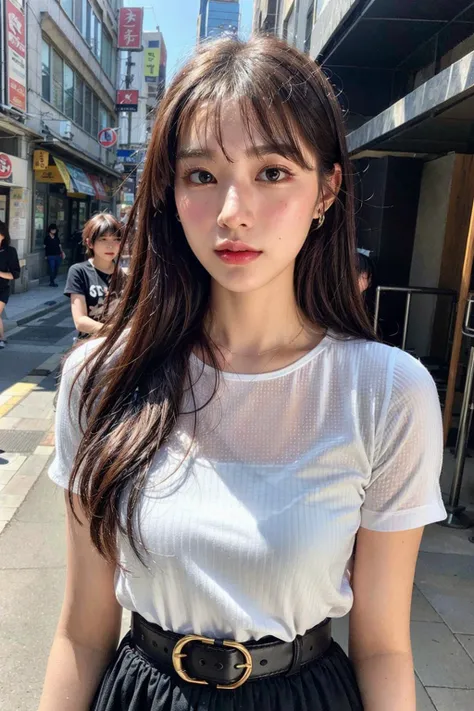 (8k, RAW photo, best quality, masterpiece:1.2), ultra detailed, ultra high res,
(realistic, photo realistic:1.37), high detail RAW color photo, professional photograph,
an extremely delicate and beautiful, extremely detailed, 8k wallpaper, Amazing, finely detail, huge file size, official art, extremely detailed CG unity 8k wallpaper,
extremely detailed beautiful girl, extremely detailed face, extremely detailed eyes, extremely detailed skin, extremely detailed fingers, extremely detailed nose, extremely detailed mouth,  perfect anatomy, highly detailed background, highly intricate background, extremely detailed clothing,
1girl, (18 years old:1.2), teenage, cute girl, famous japanese idol, kawaii,
realistic body,
fair skin, shiny skin, slender body, good figure,
black hair, long straight hair, (blunt bangs:1.2),
smile, cute, young, cute face, pretty face, realistic face, small face,
beautifully detailed eyes, drooping eyes, beautiful big eyes, large dark eyes, beautiful and clear eyes,
(frill blouse:1.2), short sleeve, skirt, belt, necklace, earrings,
looking at viewer, (cowboy shot:1.2), front view, standing posture, contrapposto,
outdoors, (daytime:1.2), cityscape, depth, Tokyo, street,
professional lighting,
<lora:test_01:0.15>, <lora:test_02:0.1>, <lora:test_03:1>, <lora:test_04:1>,