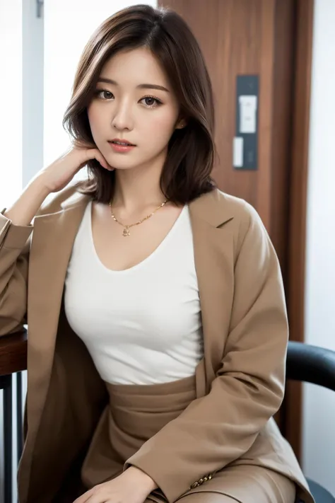 (Best quality, 8k, 32k, Masterpiece, UHD:1.2),Photo of Pretty japanese woman, 1girl, (medium-short dark brown hair), double eyelid, thin beige suit jacket, white tank top, brown skirt, necklace with small charm, sitting on office chair <lora:aiuehara:0.8> aiuehara