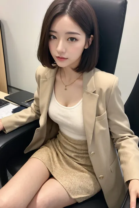 (Best quality, 8k, 32k, Masterpiece, UHD:1.2),Photo of Pretty japanese woman, 1girl, (medium-short dark brown hair), double eyelid, thin beige suit jacket, white tank top, brown skirt, necklace with small charm, sitting on office chair <lora:aiuehara:0.8> aiuehara