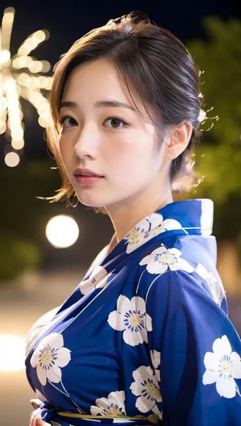masterpiece, best quality, higher, 1girl, japanese,medium breasts,yukata,looking ahead,(looking up:1.1),portrait,(close up:1.3),night sky,firework,from side ,blurry background,