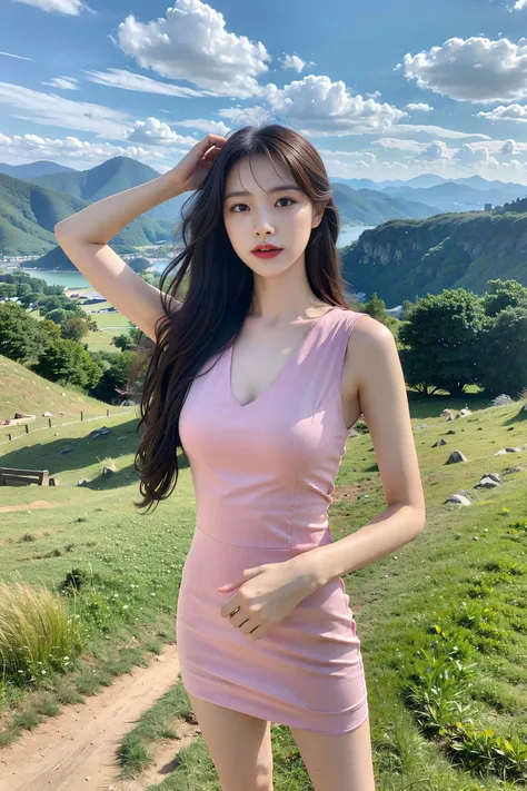 1 girl solo, perfect_hand, (8k, RAW photo, best quality, masterpiece:1.2), (realistic, photo-realistic:1.4), (extremely detailed CG unity 8k wallpaper), ultra-high res, long hair, (short dress:1.2), slim, beautiful leg, perfect skin, Asian, standing, (blurry_background:1.2), outdoor, great view, mountains, clouds, <lora:fashigirl-v5.4-lora-64dim-naivae:0.3> <lora:koreandolllikenessV20_v20:0.4>