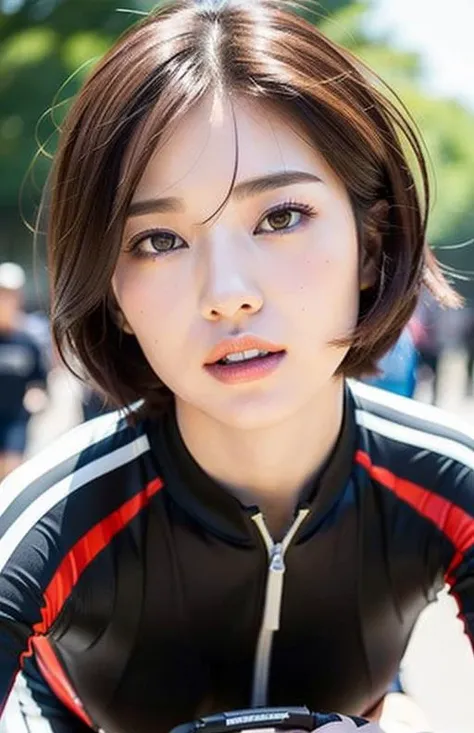((best quality)), ((masterpiece)), ((realistic)), ((1girl, solo,)),(standing),(Bicycle Racer),physique,(veryshort hair),ultra detailed brown eyes,ultra detailed human face,ultradetailed teeth, long sleeve,outdoor,raceway