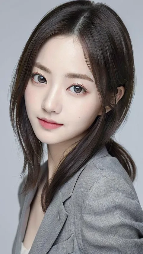 ((masterpiece:1.4, best quality)), ((masterpiece, best quality)),  (photo realistic:1.4),  professional lighting, physically-based rendering, very cute, big eyes, extremely detailed eyes and face, eyes with beautiful details, (beautiful japanese girl:1.05),  <lora:JapaneseDollLikeness_v15:0.4>, face focus, from above, smile, grey suit