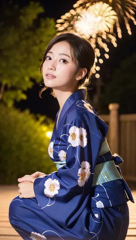 masterpiece, best quality, higher, 1girl, japanese,medium breasts,yukata, squatting,looking up,portrait,(close up:1.1),night sky,firework,from side ,blurry background,