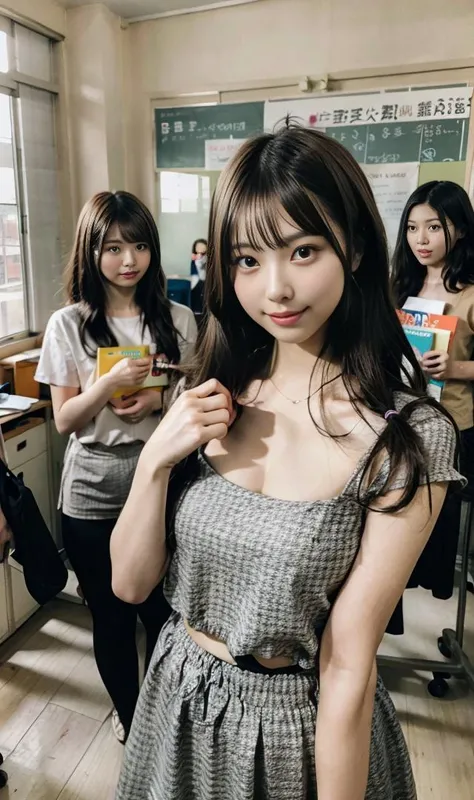 (nogizaka girl:1.0), (fair skin:1.0), (perfect body:1.0), (athlete:1.0), (curvy body:1.0), (high resolution:1.0), (intricate details:1.0), (ultra detailed:1.0), (RAW photo:1.0), (8k:1.0), (4k:1.0), (blurry background:1.0)
BREAK
They are all dressed casually in comfortable attire. Some of the students are sitting on desks, while others are standing and interacting with each other. They have various hairstyles and may include features like braids, ponytails, or long flowing hair. They are laughing, chatting, and exchanging friendly gestures. The classroom is decorated with colorful posters and educational materials on the walls. Books and notebooks are scattered around, indicating ongoing learning. The atmosphere is lively, relaxed, and filled with positive energy.
BREAK
<lora:JapaneseDollLikeness_v15:0.4> <lora:flat2:-0.4> <lora:epi_noiseoffset2:0.4> <lora:gakkou:0.7> <lyco:MultipleGirlsGroup:1.4>