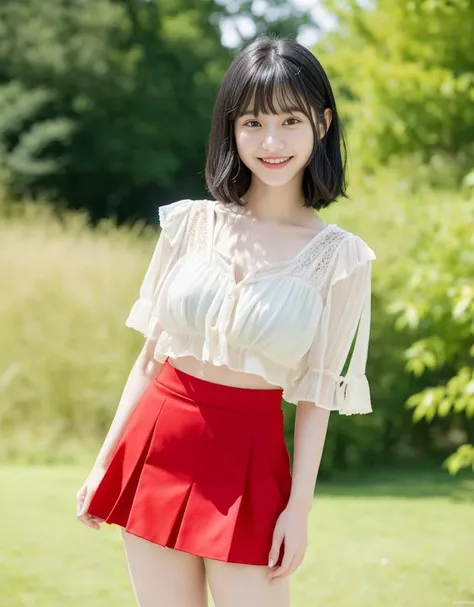(Best quality, 32K, Masterpiece, RAW photo, film grain),
1 woman, 25yo,
Japanese,
((beautiful, cute, ))
(full body)
medium black hair, ((straight bangs)),
black eyes, slit eyes,
skin pores,
smile,
blouse, red mini skirt,
outdoor,
summer