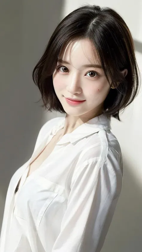 ((masterpiece:1.4, best quality)), ((masterpiece, best quality)), (photo realistic:1.4), professional lighting, physically-based rendering, very cute, big eyes, extremely detailed eyes and face, eyes with beautiful details, (beautiful japanese girl:1.07), <lora:JapaneseDollLikeness_v15:0.4>, japanese girl, black short hair, white open shirt, upper shot, frosuke, <lora:sukebra(bsb&fsb)-000003:0.5>,smile