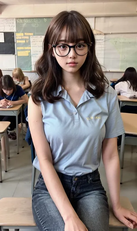 (nogizaka girl:1.0), (fair skin:1.0), (perfect body:1.0), (athlete:1.0), (curvy body:1.0), (high resolution:1.0), (intricate details:1.0), (ultra detailed:1.0), (RAW photo:1.0), (8k:1.0), (4k:1.0), (blurry background:1.0)
BREAK
She has shoulder-length wavy brown hair and wears glasses. She is sitting at a desk, leaning slightly forward, actively engaged in the lesson. She is wearing a light blue collared shirt and dark blue jeans. The classroom has a whiteboard at the front with some equations and diagrams on it. There are other students sitting around her, listening attentively to the instructor. The overall atmosphere is focused and studious.
BREAK
<lora:JapaneseDollLikeness_v15:0.4> <lora:flat2:-0.4> <lora:epi_noiseoffset2:0.4> <lora:gakkou:0.7> <lora:LORA MODEL:0.1> <lora:GodPussy2 v2b:0.1> <lora:GodPussy1 v3:0.1>, black hair, blunt bangs, sidelocks, drill hair, twin drills, hair bun, half updo