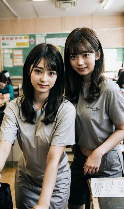 (nogizaka girl:1.0), (fair skin:1.0), (perfect body:1.0), (athlete:1.0), (curvy body:1.0), (high resolution:1.0), (intricate details:1.0), (ultra detailed:1.0), (RAW photo:1.0), (8k:1.0), (4k:1.0), (blurry background:1.0)
BREAK
 They are all dressed casually in comfortable attire. Some of the students are sitting on desks, while others are standing and interacting with each other. They have various hairstyles and may include features like braids, ponytails, or long flowing hair. They are laughing, chatting, and exchanging friendly gestures. The classroom is decorated with colorful posters and educational materials on the walls. Books and notebooks are scattered around, indicating ongoing learning. The atmosphere is lively, relaxed, and filled with positive energy.
BREAK
 <lora:JapaneseDollLikeness_v15:0.4> <lora:flat2:-0.4> <lora:epi_noiseoffset2:0.4> <lora:gakkou:0.7> <lyco:MultipleGirlsGroup:1.4>