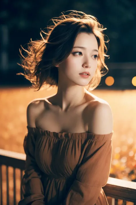 mid-shot, a beautiful woman looking into camera, off shoulder dress,  
by agnes cecile,
  autumn lights