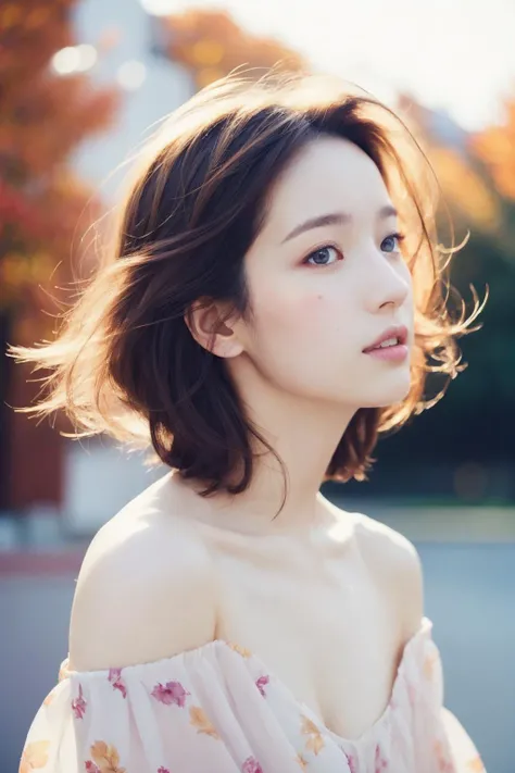 mid-shot, a beautiful woman looking into camera, off shoulder dress,  by agnes cecile, half body portrait, extremely luminous bright design, pastel colors, autumn lights