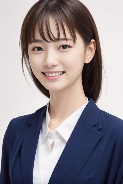 masterpiece, best quality, highres, 1girl, japanese,(close up:1.1),smile, tareme,simple simple background, skirt suit