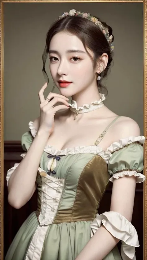 Masterpiece with excellent paint frame, best quality, hi res, 8k, hi res, 8k, award winning , (excellent classical realistic Victorian oil painting style, sharp focus, intricate, detailed illustration, dirty muted colour palette, highly detailed) (Victorian korean pop idol girl:1.3), smile like Mona Lisa, so beautiful, intelligent, smart, wise, cute, focus viewer, beautiful and attractive vividly eyes, beautiful hands and fingers, Bulguksa , slim body, slim head, beauful finger