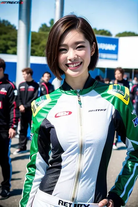 best quality,masterpiece,ultra high res,(photo realistic:1.4),(1girl),looking at viewer,1 woman,20years,(long sleeve,(racing suit),small hip,smile,(very short hair),(ultra-detailed human face),(ultra-detailed teeth), outdoors,(Raceway),pit Road,