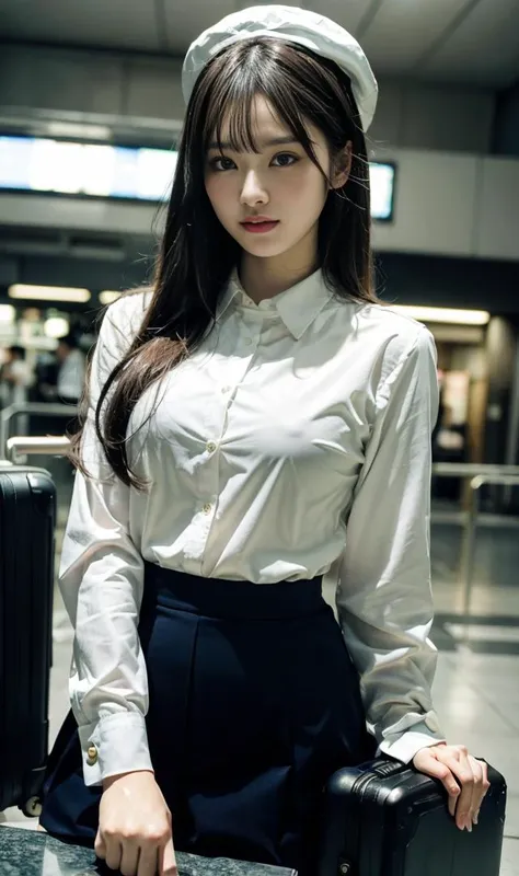 (nogizaka girl:1),(fair skin:1),(perfect body:1),(athlete:1),(curvy body:1),(upper body:1.4),(incoming kiss:1),(high resolution:1),(intricate details:1),(ultra detailed:1),(RAW photo:1),(8k:1),(4k:1),(blurry background:1),
BREAK,
Each woman has a unique hairstyle and carries a small prop suitcase or a tray with drinks. They are standing in a line, with their arms crossed and wearing identical uniforms consisting of knee-length navy blue skirts, white button-up blouses with matching navy blue blazers, and stylish hats. The outfits have golden accents and airline logos. They wear white gloves and have friendly smiles on their faces. The background can include an airport setting with a check-in counter or a plane silhouette to enhance the theme. The overall atmosphere is fun and confident.
BREAK,
<lora:JapaneseDollLikeness_v15:0.4> <lora:flat2:-0.4> <lora:epi_noiseoffset2:0.4> <lyco:MultipleGirlsGroup:1.3>,