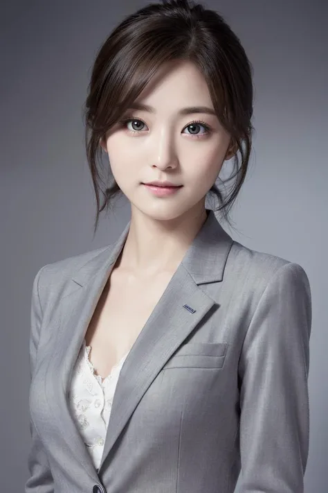 masterpiece, best quality, highres, 1girl, japanese,professional lighting, physically-based rendering, very cute, big eyes, extremely detailed eyes and face, eyes with beautiful details, (beautiful japanese girl:1.05),face focus, smile, grey suit,