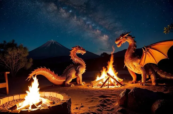 masterpiece, best quality, absurdres, perfect anatomy,
volcano eruption, lava flow, (dragons:1.1), Dragons warm themselves by bonfires.