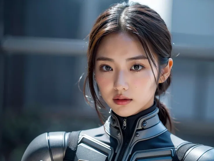 outdoor, ((upper body)), ((( wearing gray and black nano-suits)))+++, (wide hip:0.7, large breasts:0.8, perfect slender young girl body) ,Perfectly glossy skin ,25 yo mature girl, , picture of a vivid, (masterpiece:1.2),(extremely detailed),(8k:1.1),(perfect lighting,best quality,highres,original),(realistic photography:1.4) ,high detailed skin,shaded face, soft lighting, (small face),RAW, ultra highres, pores visible, , shiny_and_glossy_skin, asian beauty, (gorgeous beautiful 20 years old asian girl), ((best detailed slender body)), (asian idol, asian beauty, asian mixed), (complex, Machine background ,spaceship outdoors background, Mecha Transport parts:1.2), (dark and foggy environment:1.1), ((heavy fog environment:1.1)), (battlefield behind:1.2), <lora:JapaneseDollLikeness_v15:0.3>