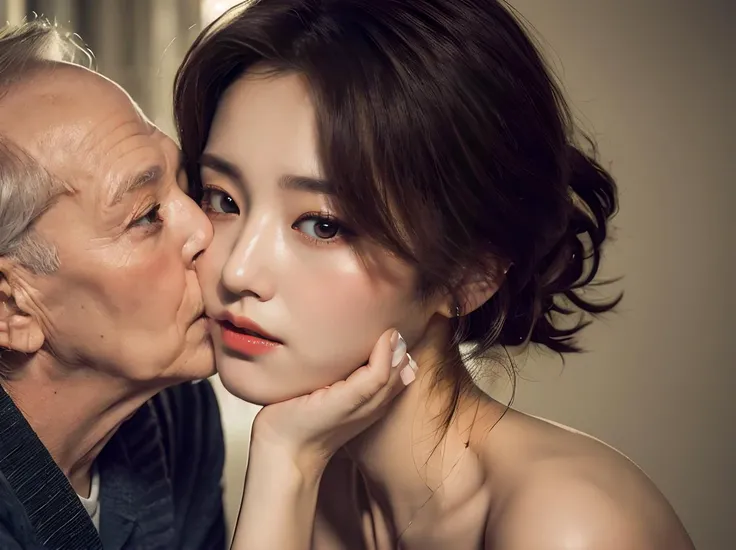best quality, photorealistic, 8k UHD, cinematic light, BREAK, (girl is kissed with old man, kiss, 1girl with 1boy, girl, 80 age fat man:1.4), BREAK, pureerosface_v1