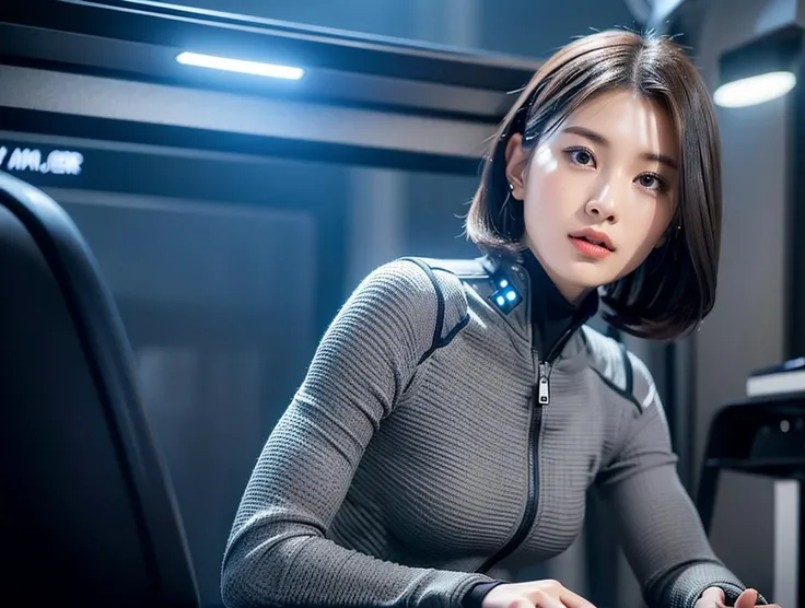 outdoor, ((upper body)), ((( wearing gray and black nano-suits)))+++, (wide hip:0.7, large breasts:0.8, perfect slender young girl body) ,Perfectly glossy skin ,25 yo mature girl, , picture of a vivid, (masterpiece:1.2),(extremely detailed),(8k:1.1),(perfect lighting,best quality,highres,original),(realistic photography:1.4) ,high detailed skin,shaded face, soft lighting, (small face),RAW, ultra highres, pores visible, , shiny_and_glossy_skin, asian beauty, (gorgeous beautiful 20 years old asian girl), ((best detailed slender body)), (asian idol, asian beauty, asian mixed), (complex, Machine background ,spaceship outdoors background, Mecha Transport parts:1.2), (dark and foggy environment:1.1), ((heavy fog environment:1.1)), (battlefield behind:1.2), <lora:JapaneseDollLikeness_v15:0.3>