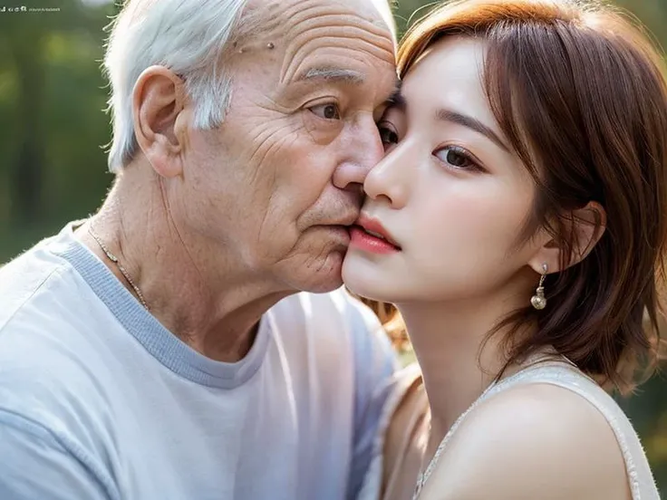 best quality, photorealistic, 8k UHD, cinematic light, BREAK, (girl is kissed with old man, kiss, 1girl with 1boy, girl, 80 age fat man:1.4), BREAK, pureerosface_v1