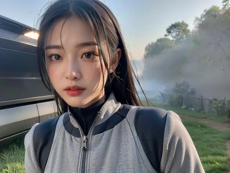 outdoor, ((upper body)), ((( wearing gray and black nano-suits)))+++, (wide hip:0.7, large breasts:0.8, perfect slender young girl body) ,Perfectly glossy skin ,25 yo mature girl, , picture of a vivid, (masterpiece:1.2),(extremely detailed),(8k:1.1),(perfect lighting,best quality,highres,original),(realistic photography:1.4) ,high detailed skin,shaded face, soft lighting, (small face),RAW, ultra highres, pores visible, , shiny_and_glossy_skin, asian beauty, (gorgeous beautiful 20 years old asian girl), ((best detailed slender body)), (asian idol, asian beauty, asian mixed), (complex, Machine background ,spaceship outdoors background, Mecha Transport parts:1.2), (dark and foggy environment:1.1), ((heavy fog environment:1.1)), (battlefield behind:1.2), <lora:JapaneseDollLikeness_v15:0.3>