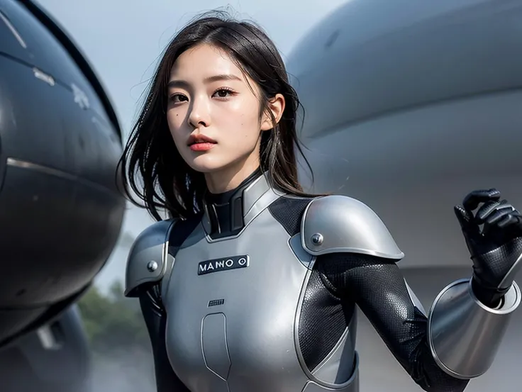 outdoor, ((upper body)), ((( wearing gray and black nano-suits)))+++, (wide hip:0.7, large breasts:0.8, perfect slender young girl body) ,Perfectly glossy skin ,25 yo mature girl, , picture of a vivid, (masterpiece:1.2),(extremely detailed),(8k:1.1),(perfect lighting,best quality,highres,original),(realistic photography:1.4) ,high detailed skin,shaded face, soft lighting, (small face),RAW, ultra highres, pores visible, , shiny_and_glossy_skin, asian beauty, (gorgeous beautiful 20 years old asian girl), ((best detailed slender body)), (asian idol, asian beauty, asian mixed), (complex, Machine background ,spaceship outdoors background, Mecha Transport parts:1.2), (dark and foggy environment:1.1), ((heavy fog environment:1.1)), (battlefield behind:1.2), <lora:JapaneseDollLikeness_v15:0.3>