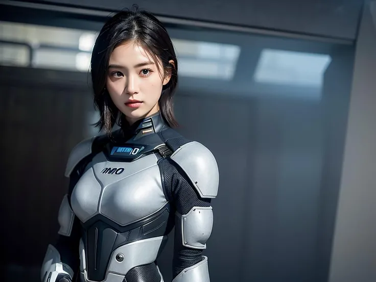 outdoor, ((upper body)), ((( wearing gray and black nano-suits)))+++, (wide hip:0.7, large breasts:0.8, perfect slender young girl body) ,Perfectly glossy skin ,25 yo mature girl, , picture of a vivid, (masterpiece:1.2),(extremely detailed),(8k:1.1),(perfect lighting,best quality,highres,original),(realistic photography:1.4) ,high detailed skin,shaded face, soft lighting, (small face),RAW, ultra highres, pores visible, , shiny_and_glossy_skin, asian beauty, (gorgeous beautiful 20 years old asian girl), ((best detailed slender body)), (asian idol, asian beauty, asian mixed), (complex, Machine background ,spaceship outdoors background, Mecha Transport parts:1.2), (dark and foggy environment:1.1), ((heavy fog environment:1.1)), (battlefield behind:1.2), <lora:JapaneseDollLikeness_v15:0.3>