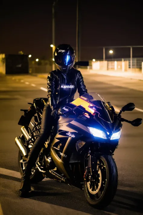 KawasakiNinja300, 1girl, sitting on bike, front view, race, epic, smoke, gold bike, solo, gloves, jacket, outdoors,bodysuit, helmet, road, street, photo background, biker clothes, bikesuit, motorcycle helmet, on motorcycle, slate atmosphere, sunset, <lora:KawasakiNinja300:0.7>