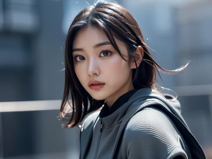 outdoor, ((upper body)), ((( wearing gray and black nano-suits)))+++, (wide hip:0.7, large breasts:0.8, perfect slender young girl body) ,Perfectly glossy skin ,25 yo mature girl, , picture of a vivid, (masterpiece:1.2),(extremely detailed),(8k:1.1),(perfect lighting,best quality,highres,original),(realistic photography:1.4) ,high detailed skin,shaded face, soft lighting, (small face),RAW, ultra highres, pores visible, , shiny_and_glossy_skin, asian beauty, (gorgeous beautiful 20 years old asian girl), ((best detailed slender body)), (asian idol, asian beauty, asian mixed), (complex, Machine background ,spaceship outdoors background, Mecha Transport parts:1.2), (dark and foggy environment:1.1), ((heavy fog environment:1.1)), (battlefield behind:1.2), <lora:JapaneseDollLikeness_v15:0.3>