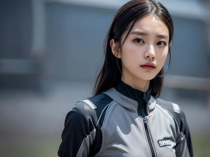 outdoor, ((upper body)), ((( wearing gray and black nano-suits)))+++, (wide hip:0.7, large breasts:0.8, perfect slender young girl body) ,Perfectly glossy skin ,25 yo mature girl, , picture of a vivid, (masterpiece:1.2),(extremely detailed),(8k:1.1),(perfect lighting,best quality,highres,original),(realistic photography:1.4) ,high detailed skin,shaded face, soft lighting, (small face),RAW, ultra highres, pores visible, , shiny_and_glossy_skin, asian beauty, (gorgeous beautiful 20 years old asian girl), ((best detailed slender body)), (asian idol, asian beauty, asian mixed), (complex, Machine background ,spaceship outdoors background, Mecha Transport parts:1.2), (dark and foggy environment:1.1), ((heavy fog environment:1.1)), (battlefield behind:1.2), <lora:JapaneseDollLikeness_v15:0.3>