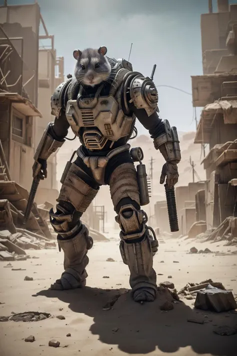 wearing power armor,((((no helmet)))). He is holding a massive, oversized laser rifle.  The background is a post-apocalyptic wasteland, radiation signs, and raiders.(realistic), (photorealistic), ((masterpiece)), ((best quality)), (detailed), cinematic, natural lighting, soft shadow, detailed background, photography, depth of field, intricate, detailed face, subsurface scattering, <lora:Clothing - DesertPunk Armor:0.5> des3rt4rmor <lora:Hamster:0.7> hamster,BREAK 
hamster, power armor, realistic, detailed, futuristic, mechanical, big eyes, cute, vibrant colors, environment, cyberpunk, bright, dynamic