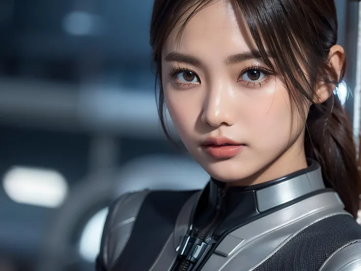 outdoor, ((upper body)), ((( wearing gray and black nano-suits)))+++, (wide hip:0.7, large breasts:0.8, perfect slender young girl body) ,Perfectly glossy skin ,25 yo mature girl, , picture of a vivid, (masterpiece:1.2),(extremely detailed),(8k:1.1),(perfect lighting,best quality,highres,original),(realistic photography:1.4) ,high detailed skin,shaded face, soft lighting, (small face),RAW, ultra highres, pores visible, , shiny_and_glossy_skin, asian beauty, (gorgeous beautiful 20 years old asian girl), ((best detailed slender body)), (asian idol, asian beauty, asian mixed), (complex, Machine background ,spaceship outdoors background, Mecha Transport parts:1.2), (dark and foggy environment:1.1), ((heavy fog environment:1.1)), (battlefield behind:1.2), <lora:JapaneseDollLikeness_v15:0.3>