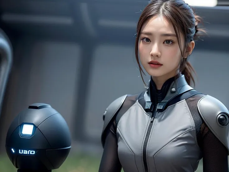 outdoor, ((upper body)), ((( wearing gray and black nano-suits)))+++, (wide hip:0.7, large breasts:0.8, perfect slender young girl body) ,Perfectly glossy skin ,25 yo mature girl, , picture of a vivid, (masterpiece:1.2),(extremely detailed),(8k:1.1),(perfect lighting,best quality,highres,original),(realistic photography:1.4) ,high detailed skin,shaded face, soft lighting, (small face),RAW, ultra highres, pores visible, , shiny_and_glossy_skin, asian beauty, (gorgeous beautiful 20 years old asian girl), ((best detailed slender body)), (asian idol, asian beauty, asian mixed), (complex, Machine background ,spaceship outdoors background, Mecha Transport parts:1.2), (dark and foggy environment:1.1), ((heavy fog environment:1.1)), (battlefield behind:1.2), <lora:JapaneseDollLikeness_v15:0.3>