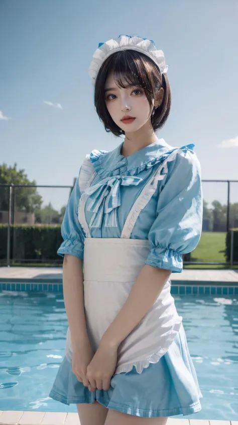 best quality,HDR,UHD,8K,solo,front view,photo_,(medium),(1girl:1.3),(looking at viewer:1.4),standing,outside,sky,in water,swimming pool,rc,Tonal Colors,<lora:add_detail:0.8>,<lora:rc6:0.75>,rc,maid headdress,