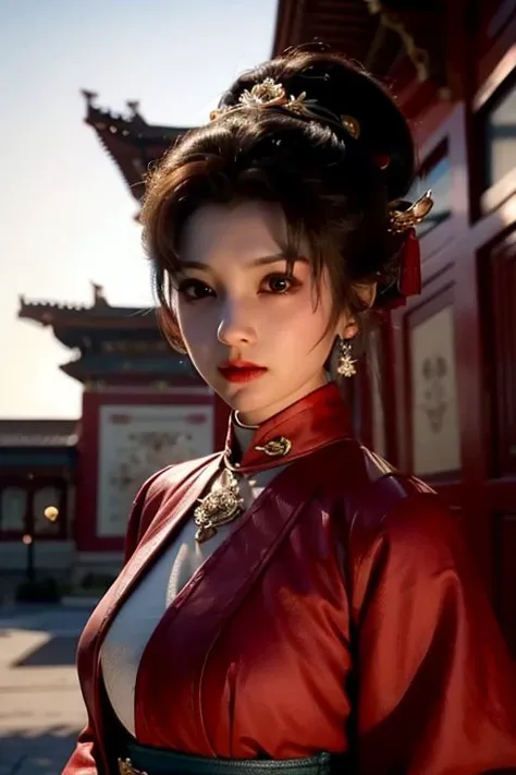 best quality, masterpiece, highres, 1girl, (yunying in red and white outfit:1.4), ((pony tail)), hair ornament,necklace,
jewelry,Beautiful face,upon_body, tyndall effect,photorealistic, dark studio,
rim lighting, two tone lighting,(high detailed skin:1.2), 8k uhd, dslr, soft lighting,
high quality, volumetric lighting, candid, Photograph, high resolution, 4k, 8k, Bokeh,
<lora:fashionGirl_v50:0.6> .<lora:hanfu_v28:0.8>, <lora:ancientChineseArchitectural_v10Gugong:0.8>, building, <lora:Yun_ying:0.3>