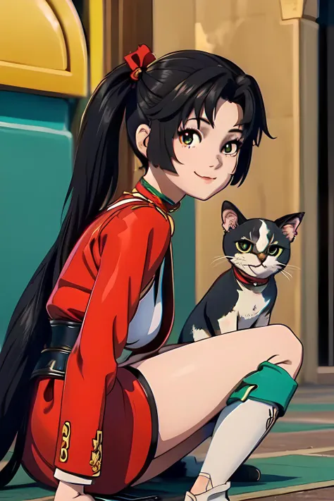 best quality, high resolution, distinct image, (black hair:1.4), (many (detailed) little cats) and one girl:1.3), focus on cat, little (detailed) cats around girl,background is back alley, detasiled sunlight, sitting, girl looking viewer, front view, (cats looking viewer:1.2), sitting on the floor grasping knees, (happy:1.3) , (kitten), <lora:Yun_ying:0.6>,  (red and white outfit:1.2), pony tail, golden hair accessory, red and green choker, 8k, wallpaper