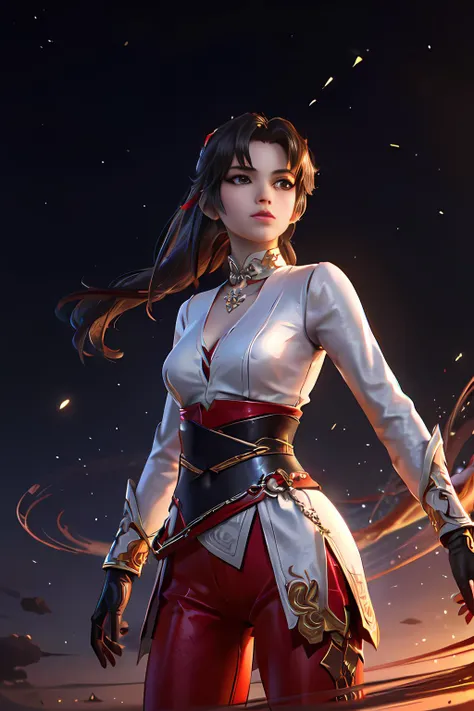 (photorealistic:1.4), (masterpiece, sidelighting, detailed eyes: 1.2), (cinematic landscape:1.1), (floating cloud), (realistic:1.3), shinny reflection, intricate details, shiny hair, lustrous skin, solo, <lora:Yun_ying:0.35>, pony tail, (red and white outfit:1.2), <lora:hipoly3DModelLora_v10:0.3>, 8k, uhd, dsl, soft lighting, film grain