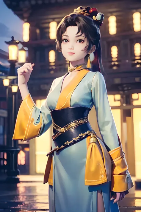 (masterpiece:1.4), (illustration:1.4), (masterpiece of paint, best quality, everyday life in the cloud kingdom), (oil paint ultra high detailed), , {beautiful detailed eyes:1.4}, (hyper intricate fine detail), (an extremely delicate and beautiful female:1.2), (detailed and beautiful cute face:1.3), (happy face), (one girl standing in front of a gogiours city night landscape in a chinese festival and looking at viewer with very cute pose:1.3), (in front of crowds in the background:1.3), glowing eyes, shiny hair, lustrous skin, solo, <lora:Yun_ying:0.6>, pony tail, golden hair accessory, red and green choker, (red and white outfit:1.2), 8k, wallpaper, <lora:hanfu_v28:0.75>, (red chinese dress:1.3)
