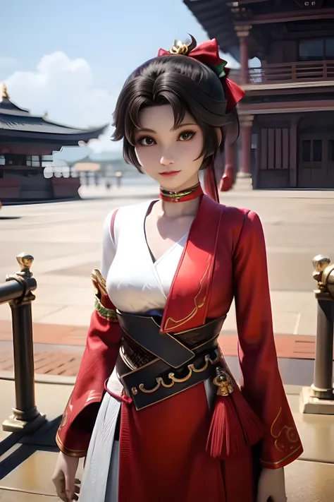 (masterpiece:1.4), (masterpiece, best quality, everyday life in the cloud kingdom),
{cinematic lighting}, (illustration:1.5), {beautiful detailed eyes:1.4},
(hyper intricate fine detail), (an extremely delicate and beautiful female:1.2),
(detailed and beautiful cute face:1.3), (happy face), (one girl standing in front of a gogiours city landscape and looking at viewer with very cute pose:1.3),
glowing eyes, shiny hair, lustrous skin, solo,
<lora:Yun_ying:0.55>, pony tail, golden hair accessory, red and green choker, (red and white outfit:1.2), 8k, wallpaper, <lora:hanfu_v28:0.8>