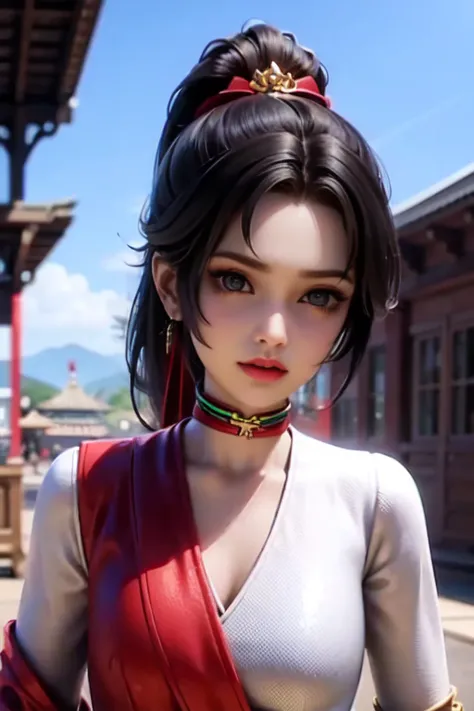 (masterpiece:1.4), (cinematic landscape and sky), {cinematic lighting}, (illustration:1.2), {beautiful detailed eyes}, {hyper intricate fine detail}, {an extremely delicate and beautiful female}, (detailed and beautiful cute face:1.3), one girl standing in front of a gogiours city landscape and looking at viewer, glowing eyes, shiny hair, lustrous skin, solo, <lora:Yun_ying:0.4>, pony tail, golden hair accessory, red and green choker,  (red and white outfit:1.2), 8k, wallpaper