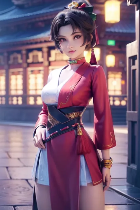 (masterpiece:1.4), (masterpiece, best quality, everyday life in the cloud kingdom), {cinematic lighting}, (illustration:1.3), {beautiful detailed eyes:1.4}, (hyper intricate fine detail), (an extremely delicate and beautiful female:1.2), (detailed and beautiful cute face:1.3), (happy face), (one girl standing in front of a gogiours city night landscape in a chinese festival and looking at viewer with very cute pose:1.2), (crowd in the background), glowing eyes, shiny hair, lustrous skin, solo, <lora:Yun_ying:0.55>, pony tail, golden hair accessory, red and green choker, (red and white outfit:1.2), 8k, wallpaper, <lora:hanfu_v28:0.8>