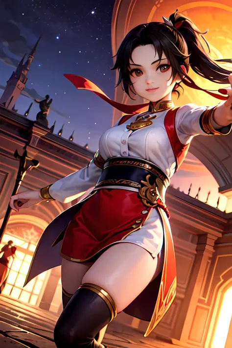 masterpiece, best quality, ultra-detailed, (illustration:1.4), 1girl, solo, amazing night sky, outdoors, clouds, wind, playful, adventurous, freedom, wonder, imagination, skill, speed, movement, energy, realism, naturalistic, figurative, representational, (very beautiful and cute face:1.3), intricate composition, intricate details, foreground, middle ground, background, perspective, light, color, texture, detail, beauty, wonder. <lora:Yun_ying:0.275>, pony tail, (red and white outfit:1.2), 8k, wallpaper