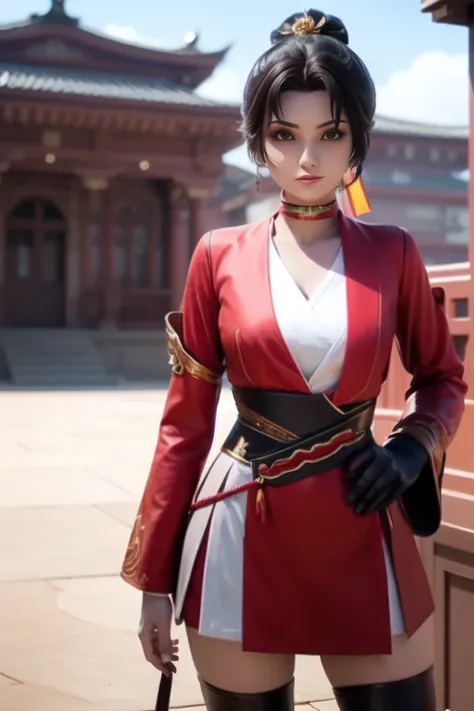 (masterpiece:1.4), (masterpiece, best quality, everyday life in the cloud kingdom),
{cinematic lighting}, (illustration:1.3), {beautiful detailed eyes:1.4},
(hyper intricate fine detail), (an extremely delicate and beautiful female:1.2),
(detailed and beautiful cute face:1.3), (happy face), (one girl standing in front of a gogiours city landscape and looking at viewer with very cute pose:1.2),
glowing eyes, shiny hair, lustrous skin, solo,
<lora:Yun_ying:0.5>, pony tail, golden hair accessory, red and green choker, (red and white outfit:1.2), 8k, wallpaper, <lora:hanfu_v28:0.8>